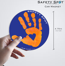 Safety Spot β’ MAGNET - Kids Handprint for Car Parking Safety - ORANGE Handprint, BLUE Background - Safety Spot