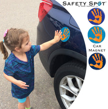 Safety Spot β’ MAGNET - Kids Handprint for Car Parking Safety - ORANGE Handprint, BLUE Background - Safety Spot