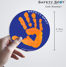 Safety Spot ™ MAGNET - Kids Handprint for Car Parking Safety - ORANGE Handprint, BLUE Background - Safety Spot