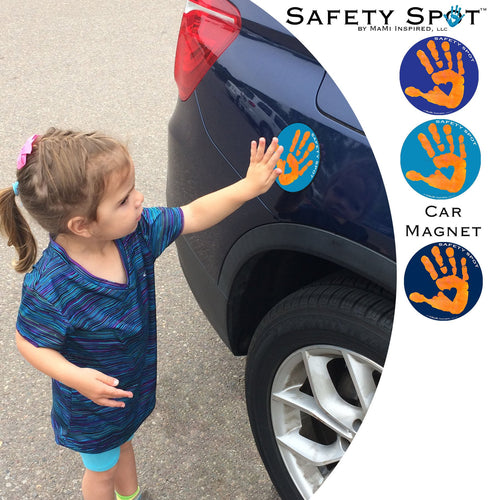 Safety Spot ™ MAGNET - Kids Handprint for Car Parking Safety - ORANGE Handprint, BLUE Background - Safety Spot
